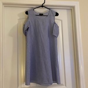 Blue and white striped dress open shoulders